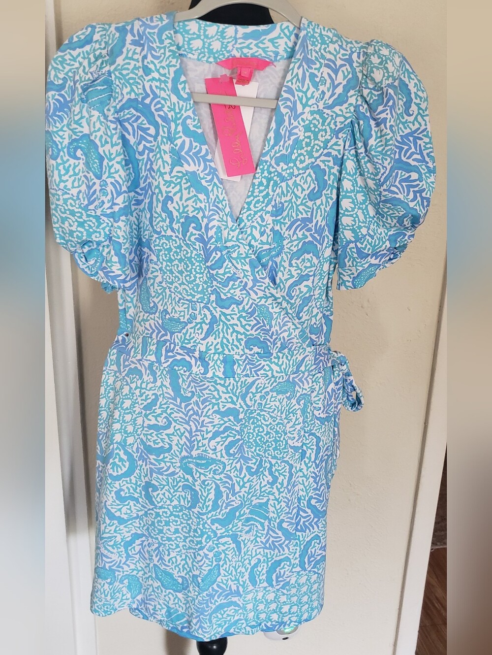 Lilly Pulitzer Aqua and White Floral Wrap Mini Skort